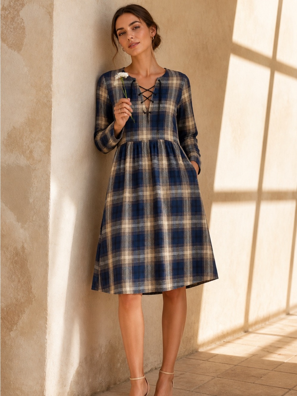 Simply Noelle Prairie Plaid Lace-Up Cotton Midi Dress